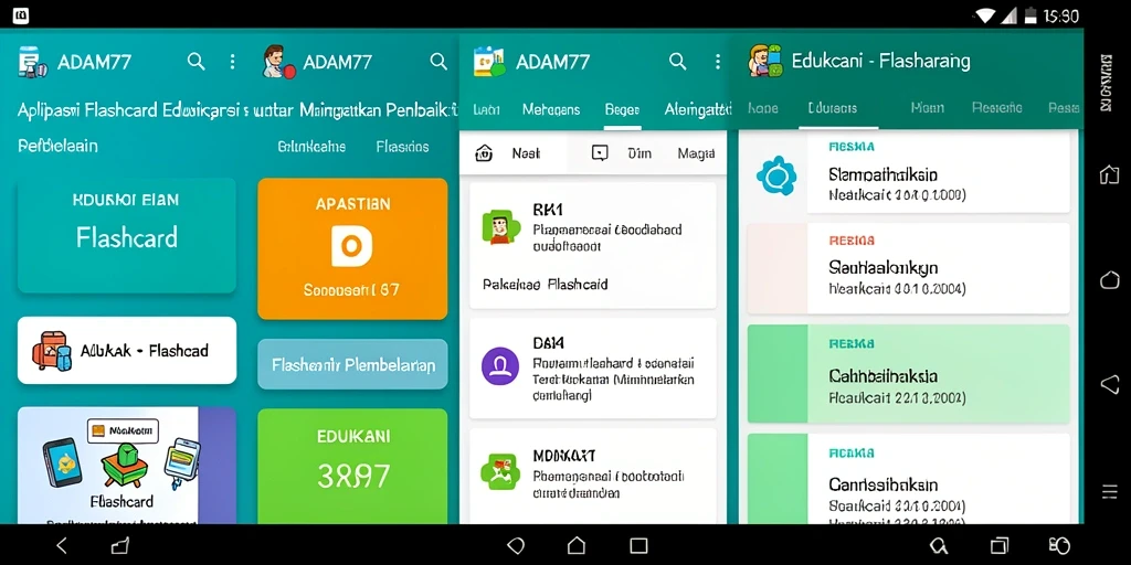 Tampilan antarmuka aplikasi ADAM77 dengan fitur Flashcard yang interaktif dan menarik.